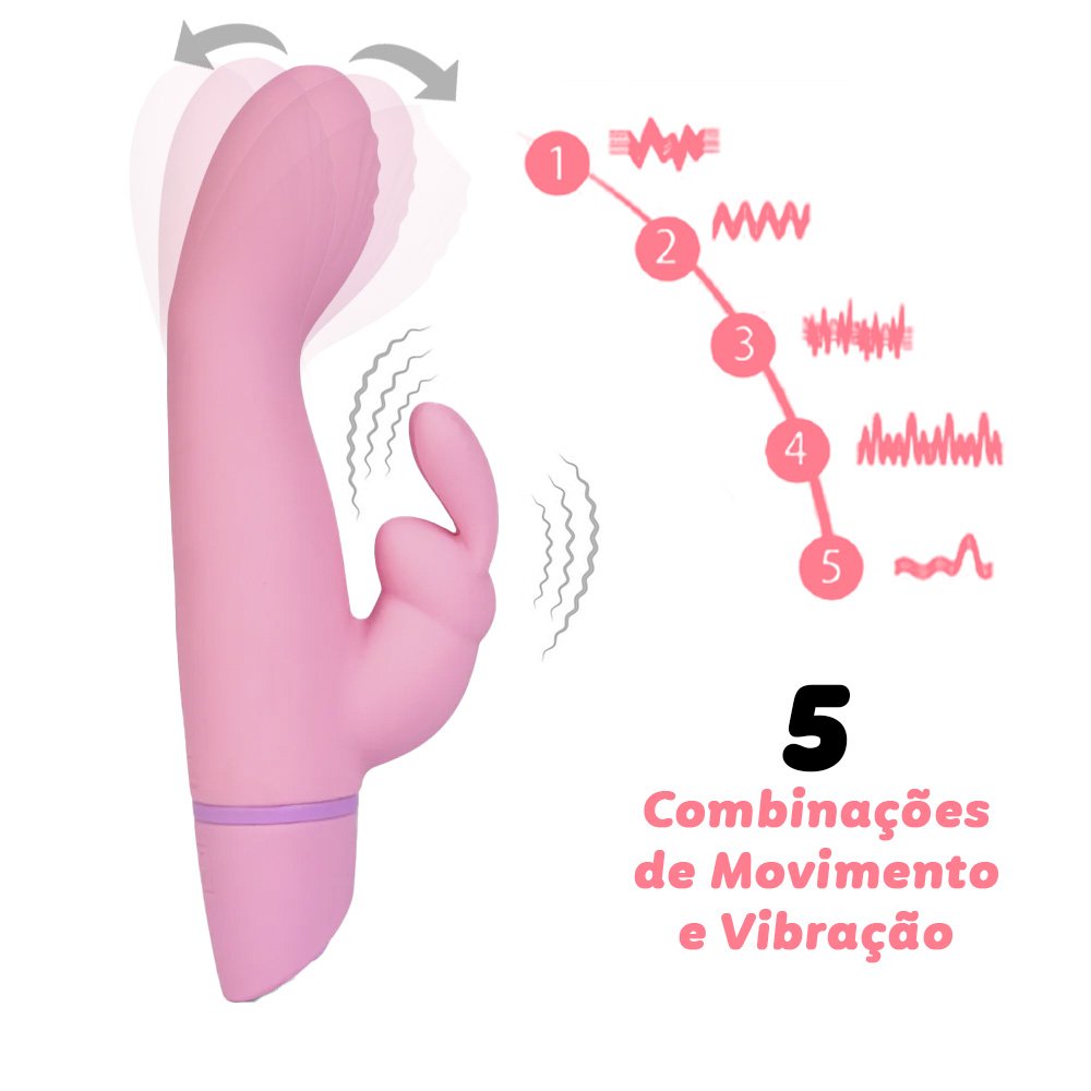 Ilustra��o do Vibrador Duplo 'Mexe' Rosa em uso, mostrando a estimula��o dual do clit�ris com a fun��o 'mexer o dedo' e a ponta interna para o ponto G, garantindo orgasmos simult�neos.