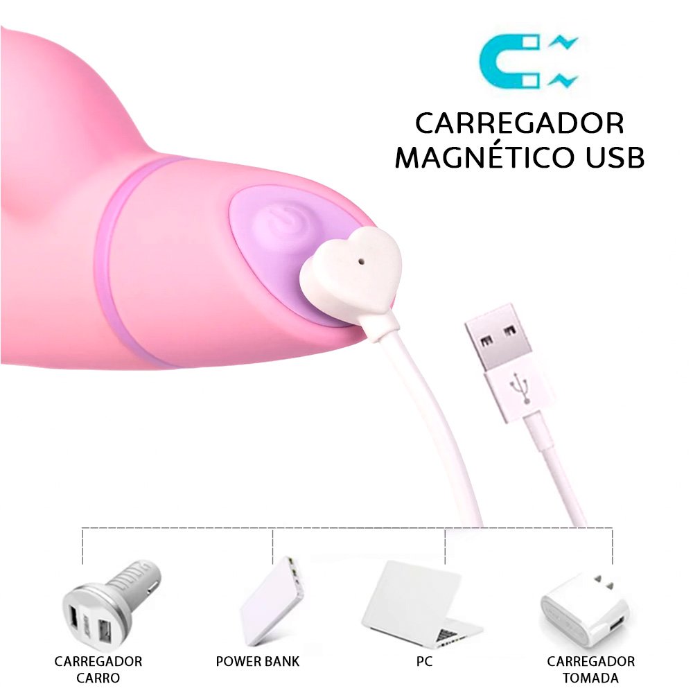 Conte�do da embalagem do Vibrador Duplo 'Mexe' Rosa: vibrador, cabo USB para carregamento, bolsa de armazenamento e manual de instru��es, mostrando a praticidade e o cuidado com os detalhes.