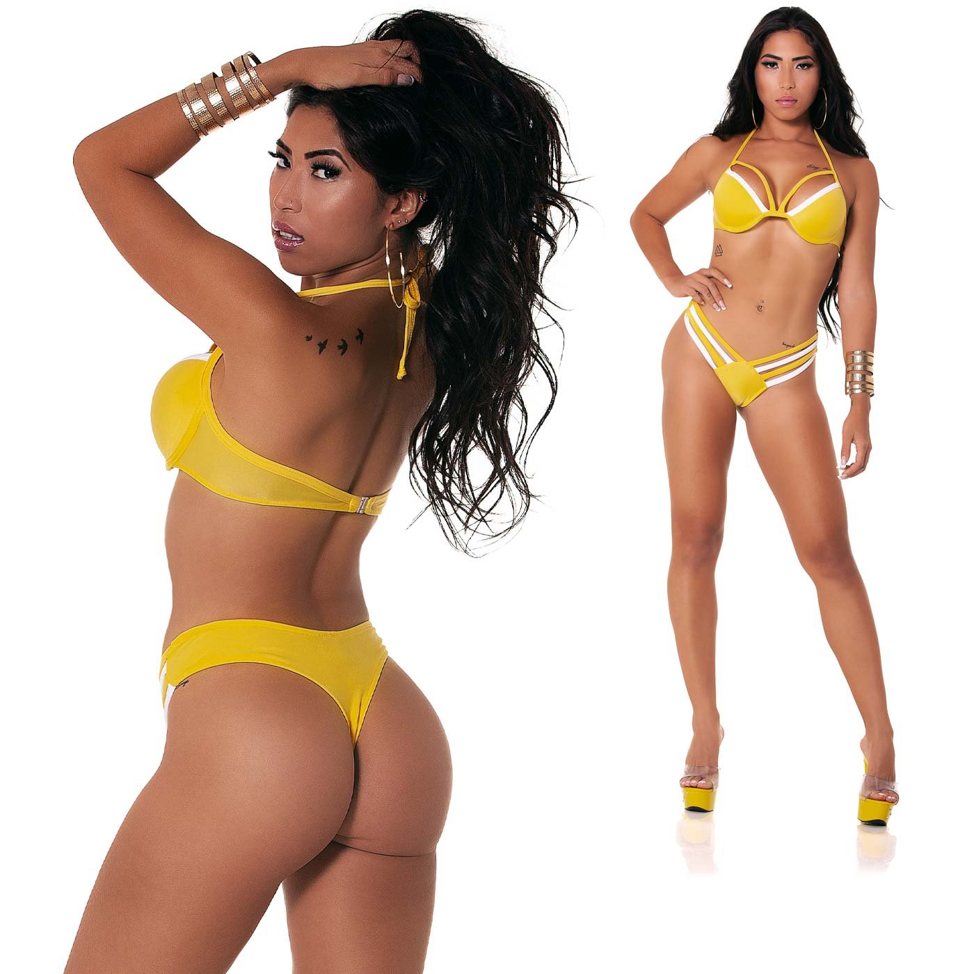 Detalhe do tecido e a elasticidade do Biqu�ni Meia Ta�a Strappy Amarelo