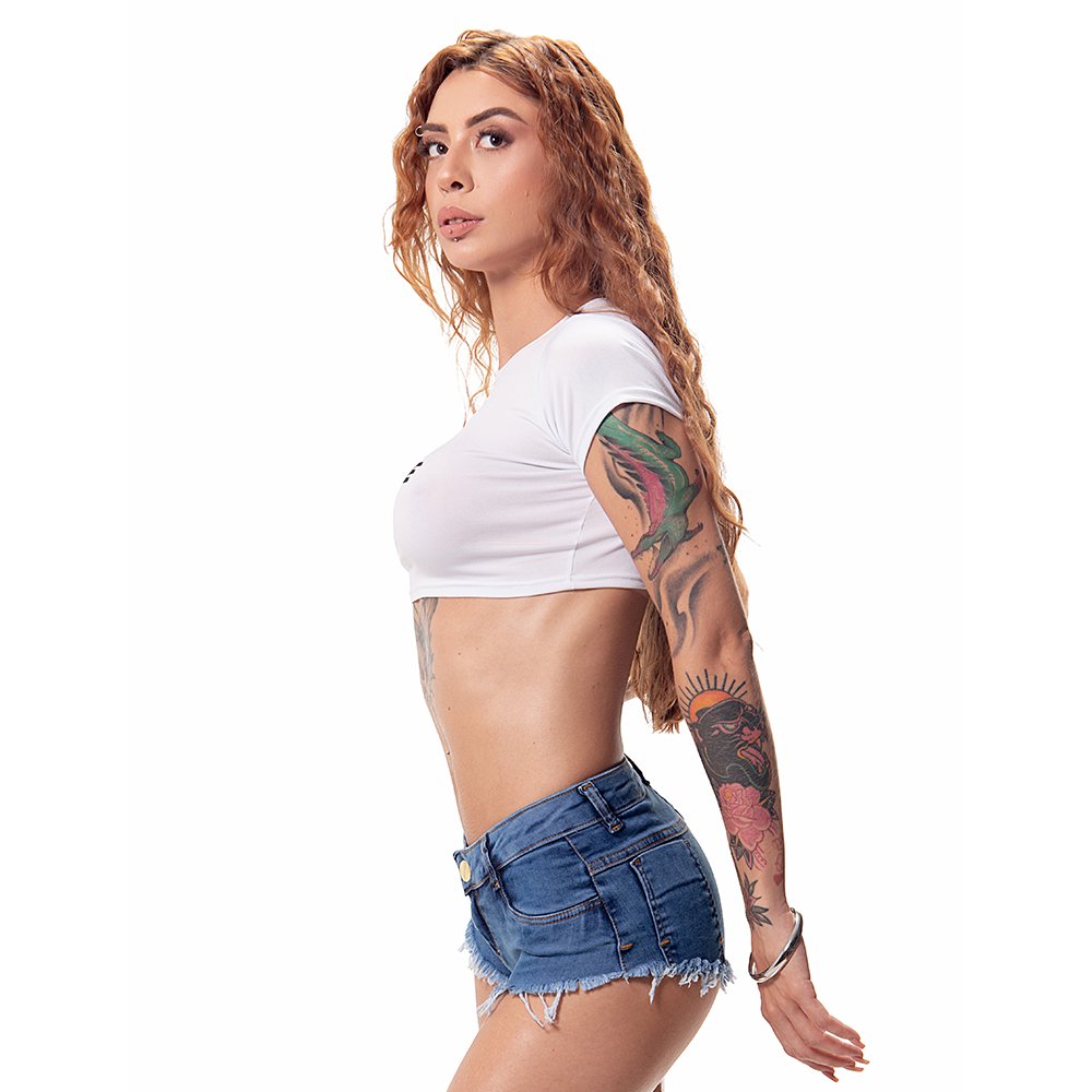 Top Cropped Sexy Hotwife em Suplex Poli�ster Justo de Manga Curta sem Bojo Estilo Fetichista Branco | Foto 03