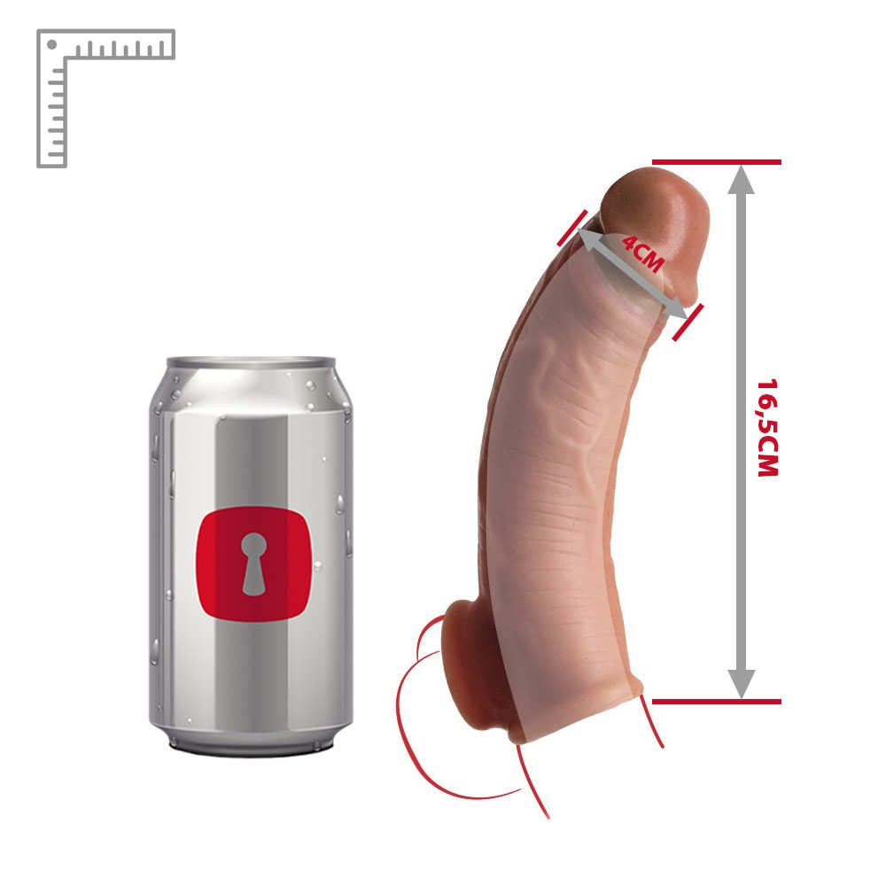 Capa Peniana sem Vibrador em Cyberskin Real�stica com Anel Escrotal 16,5 x 4cm Bege | Embalagem e medidas