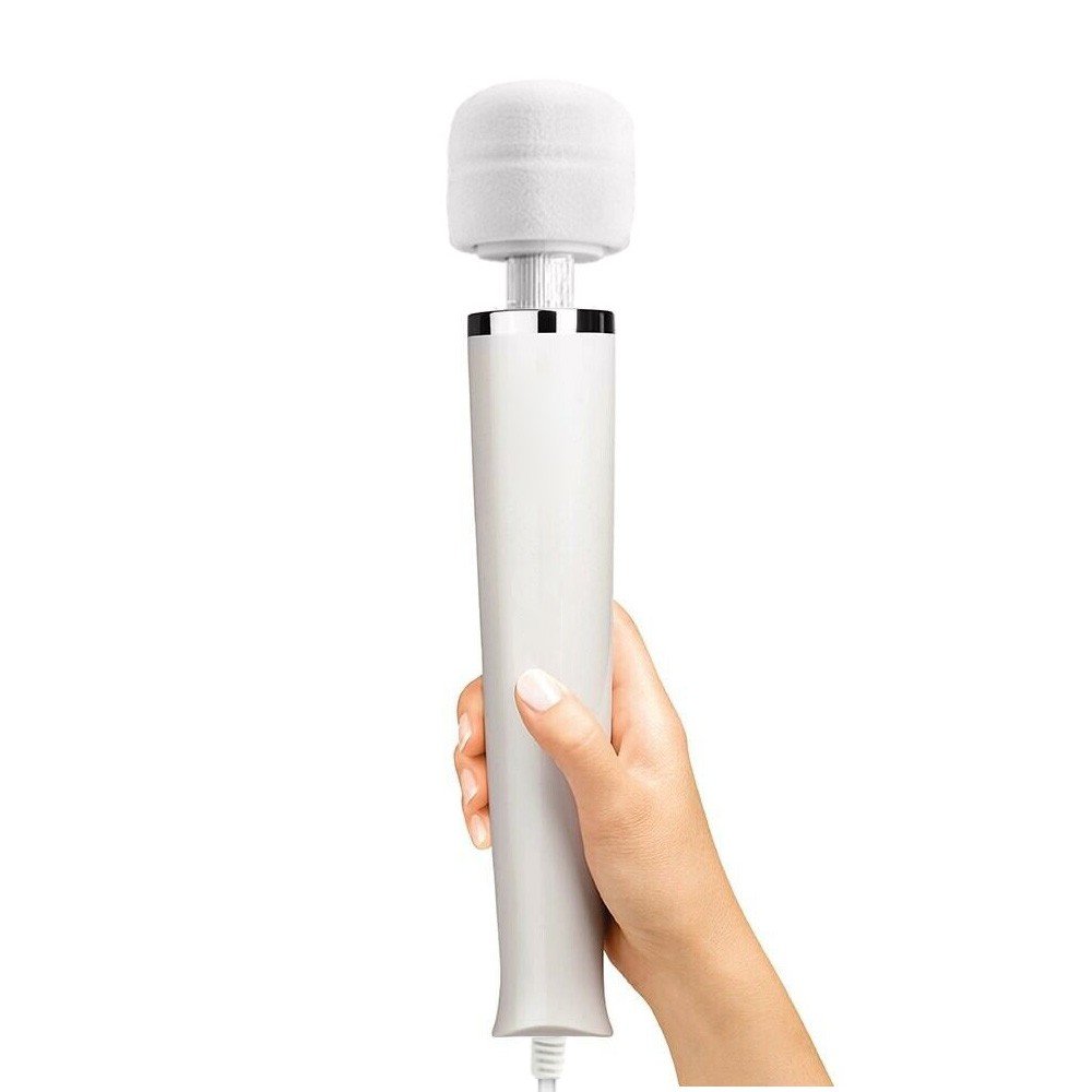 Vista lateral do Massageador Er�tico El�trico Magic Wand Bivolt Branco com foco nos bot�es de controle e indicador de intensidade