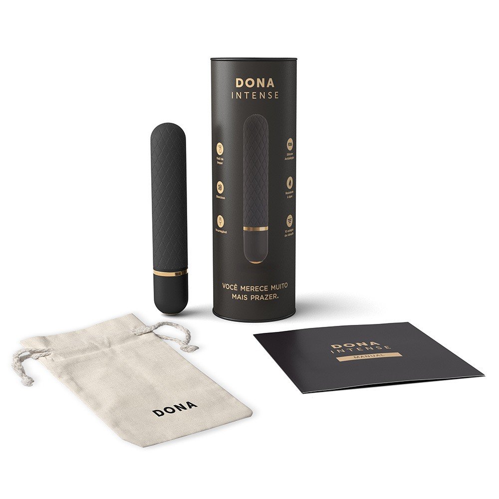 Vibrador Bullet Recarreg�vel em Silicone com 10 Vibra��es Intense Preto, embalagem, saquinho para transporte e manual de instrucoes.