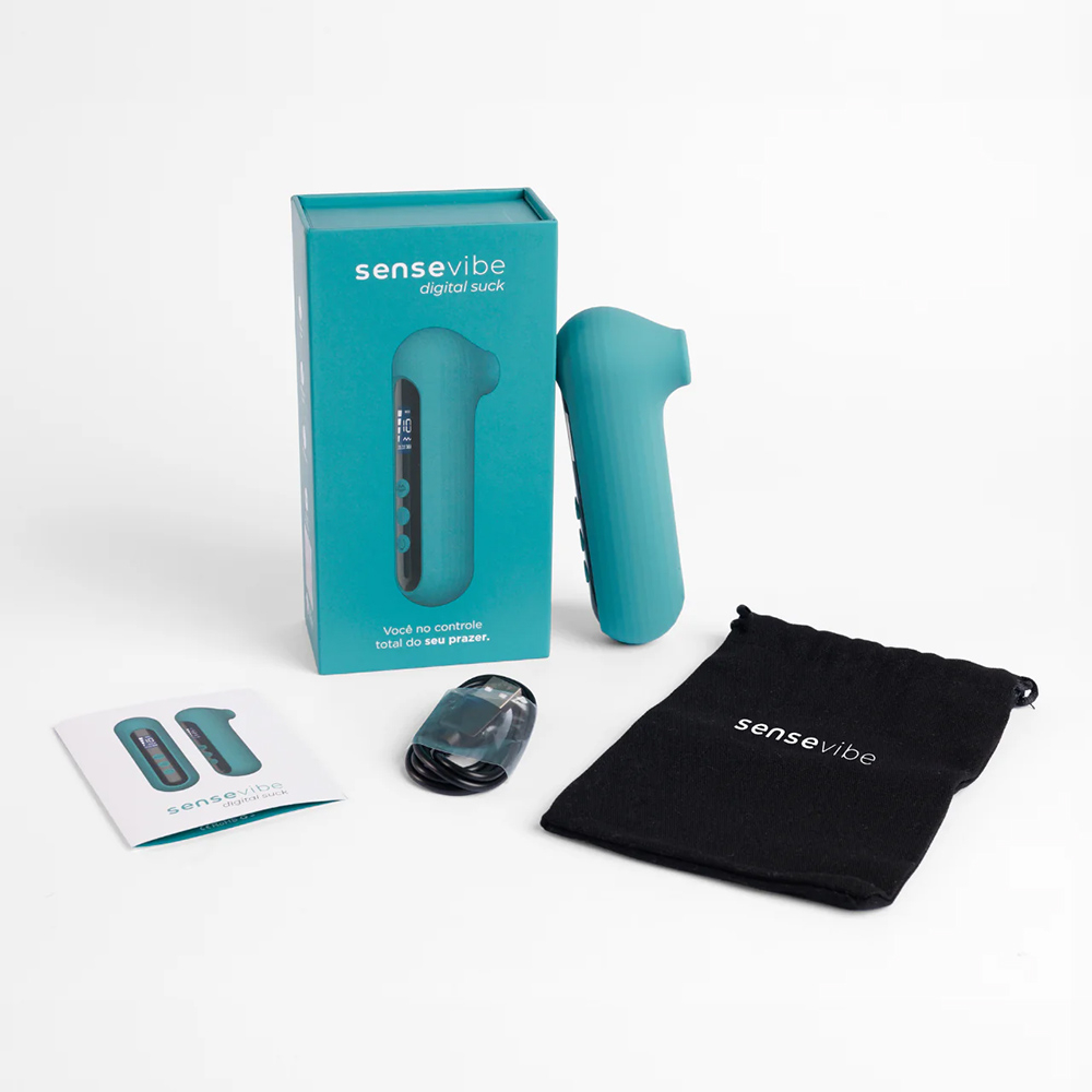 Vibrador Sensevibe Digital Suck Cyan, embalagem, cabo USB, manual e bolsa de veludo preta.