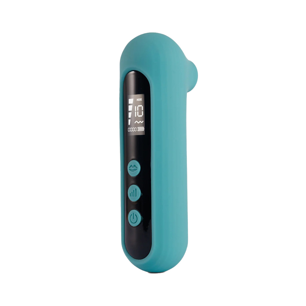 Vibrador Sensevibe Digital Suck Cyan em vista lateral, com o bico de estimula��o e o visor digital.
