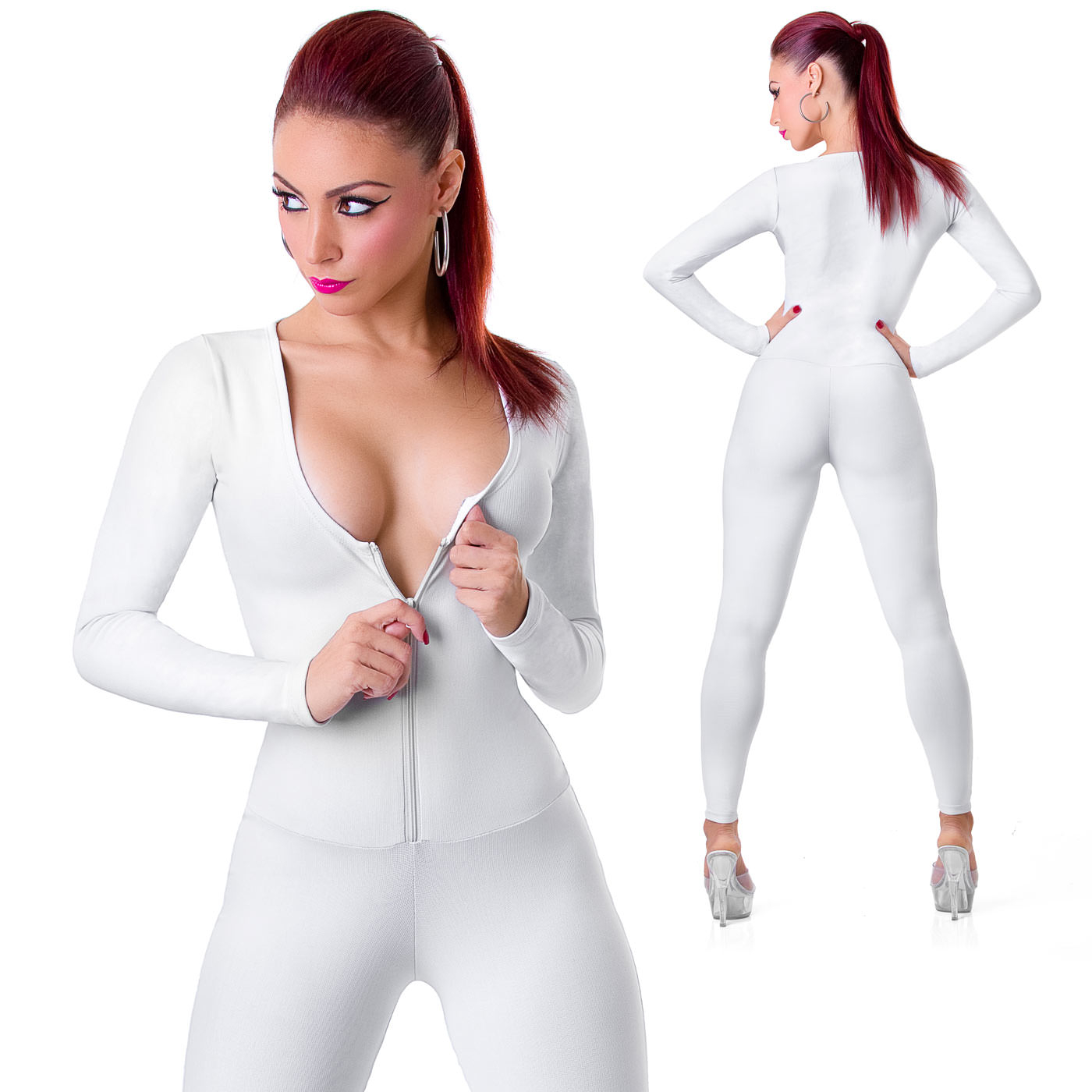 Macac�o Sensual Branco em Suplex Poliamida, modelo abrindo o z�per frontal