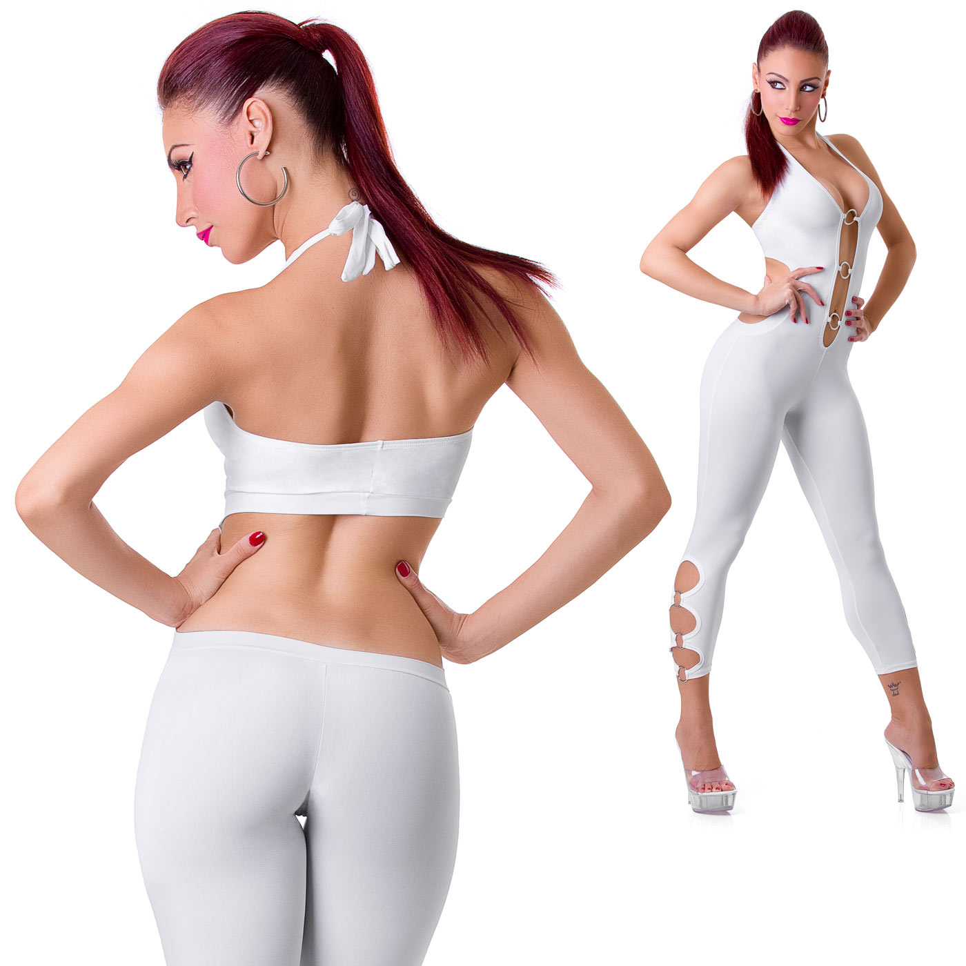Duas vistas do Macac�o Sensual Branco, uma frontal e outra traseira, com foco nos detalhes