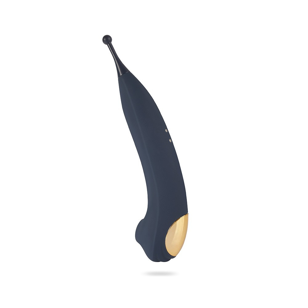 Vista lateral do Vibrador Feminino Recarregavel em Silicone com 7 Vibracoes DOUBLE Azul, mostrando a curva ergonomica e detalhes dourados