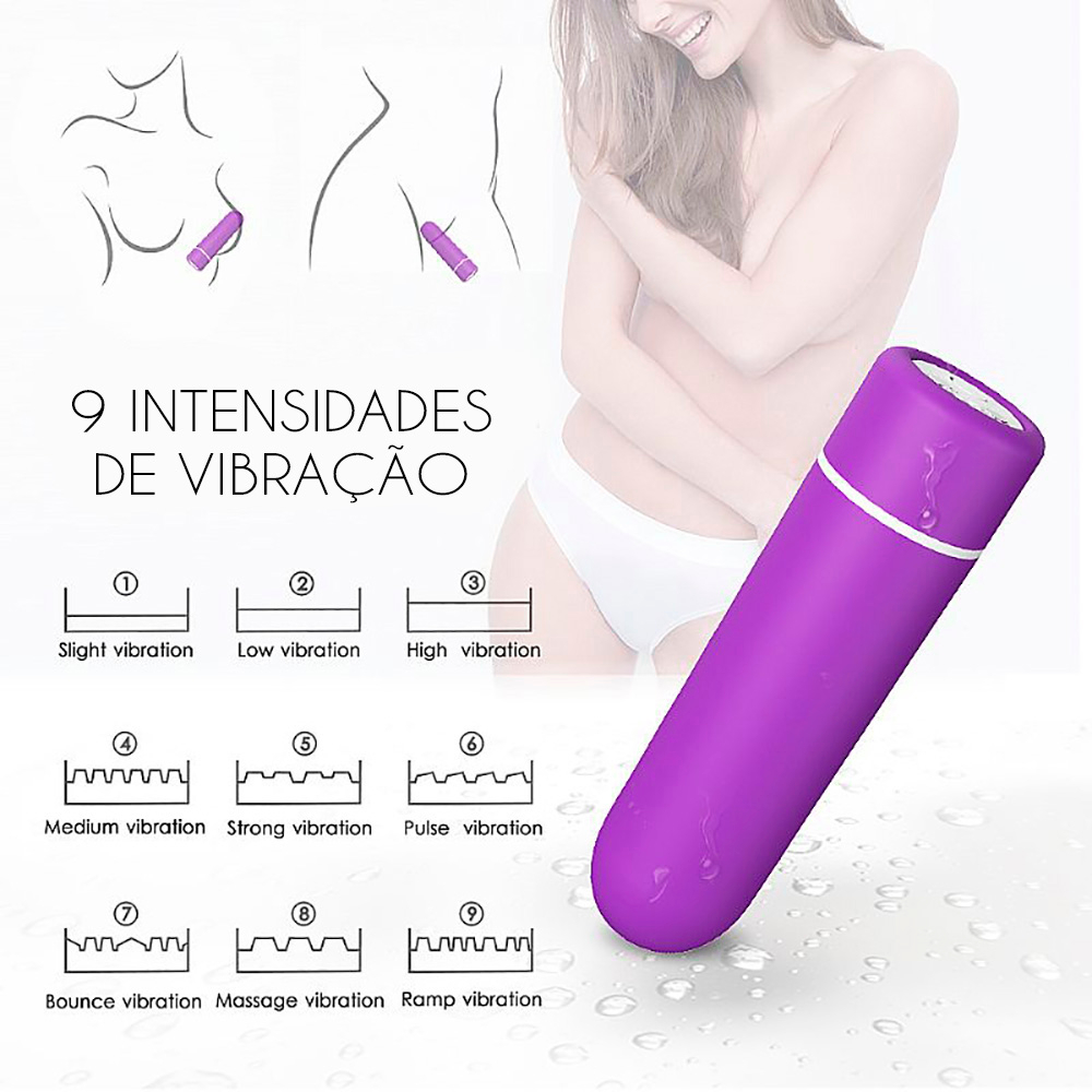 Vibrador Bullet Roxo com controle remoto ilustrando os 9 modos de vibra��o e as intensidades