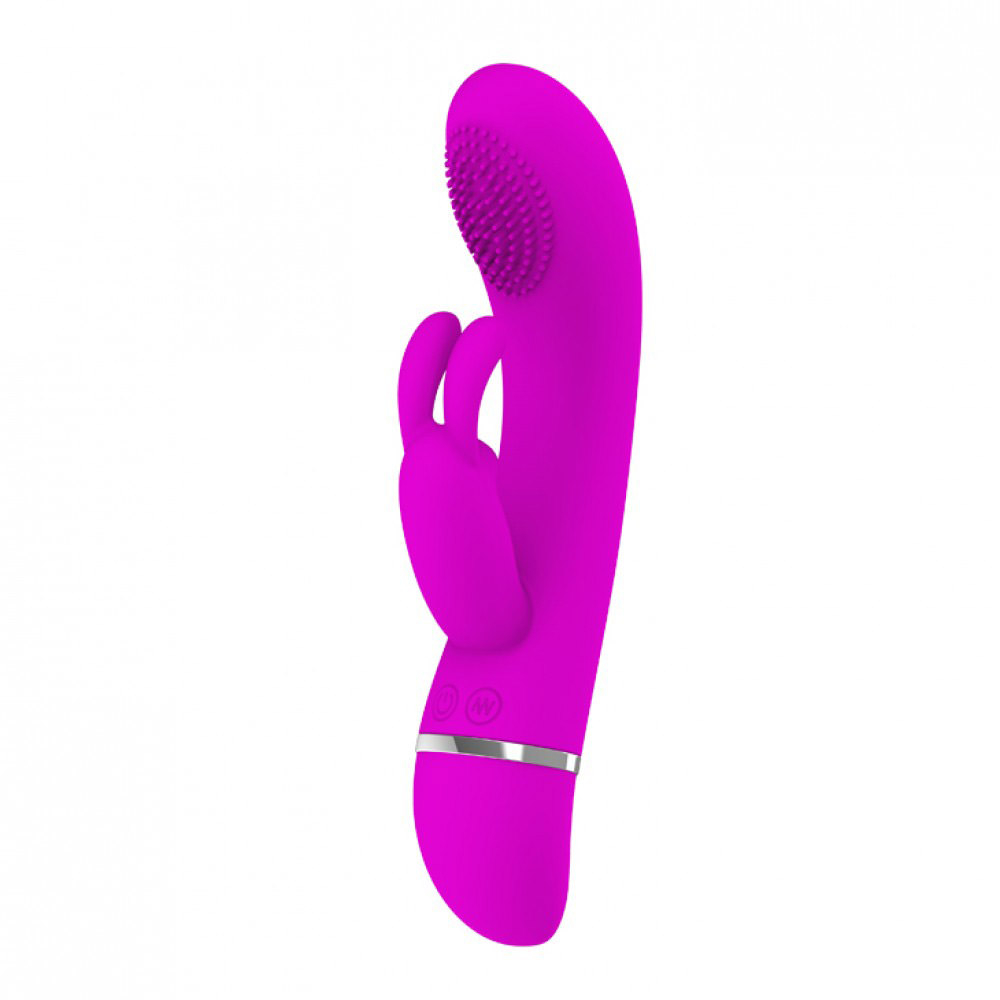 Vibrador Duplo com Estimulador Formato Coelho em vista lateral, destacando o corpo curvado para estimula��o do ponto G e os bot�es de controle de vibra��o
