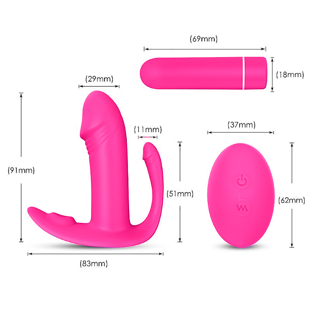 Detalhes das dimensoes do Vibrador Duplo Didi Pink e do controle remoto, com medidas em milimetros.