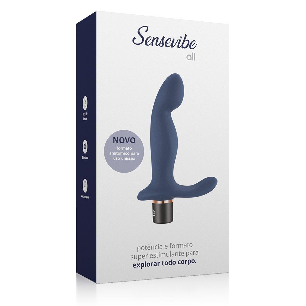 Vibrador Duplo ALL Azul, vibrador er�tico de silicone em embalagem Sensevibe exibindo caracter�sticas de uso