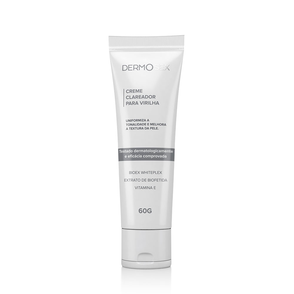 Tubo do Creme Clareador para Virilha e �nus 60g, em vista frontal, destacando marca DERMO SEX e informa��es