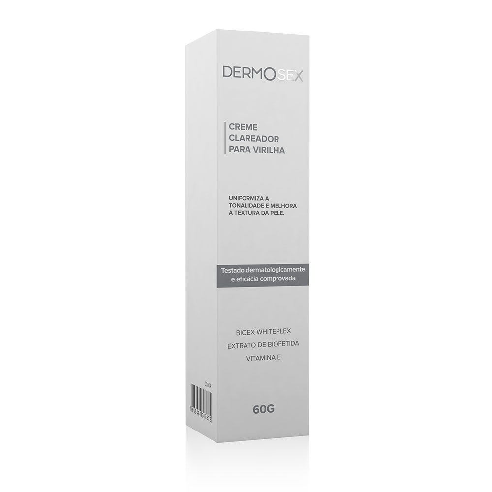 Caixa do Creme Clareador para Virilha e �nus 60g, em vista lateral, com c�digo de barras e detalhes da formula��o