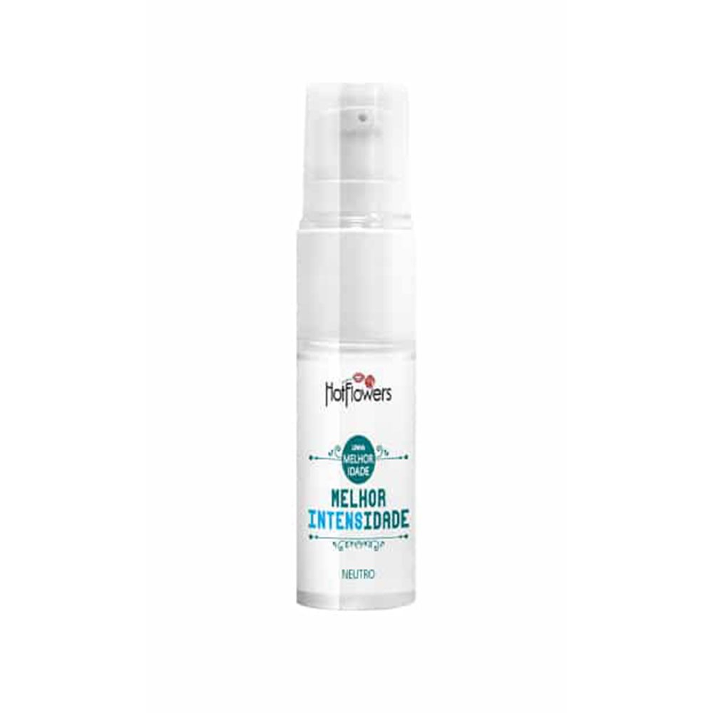 Frasco transparente do Gel Masculino Melhor Intensidade Neutro 12ml Hot Flowers em fundo branco, mostrando o r�tulo.