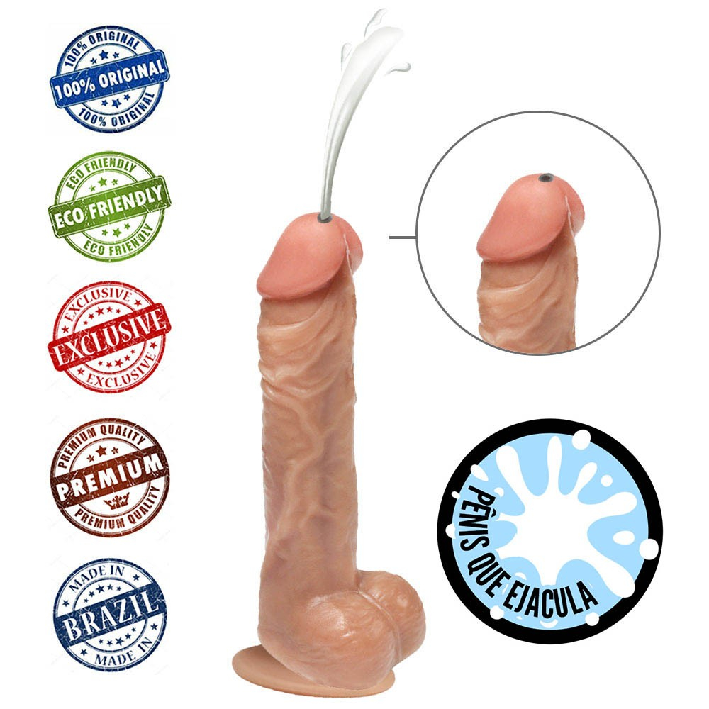 Pênis que Ejacula Flexível Eros com Escroto e Ventosa 20 x 4,5cm Bege | Foto 05