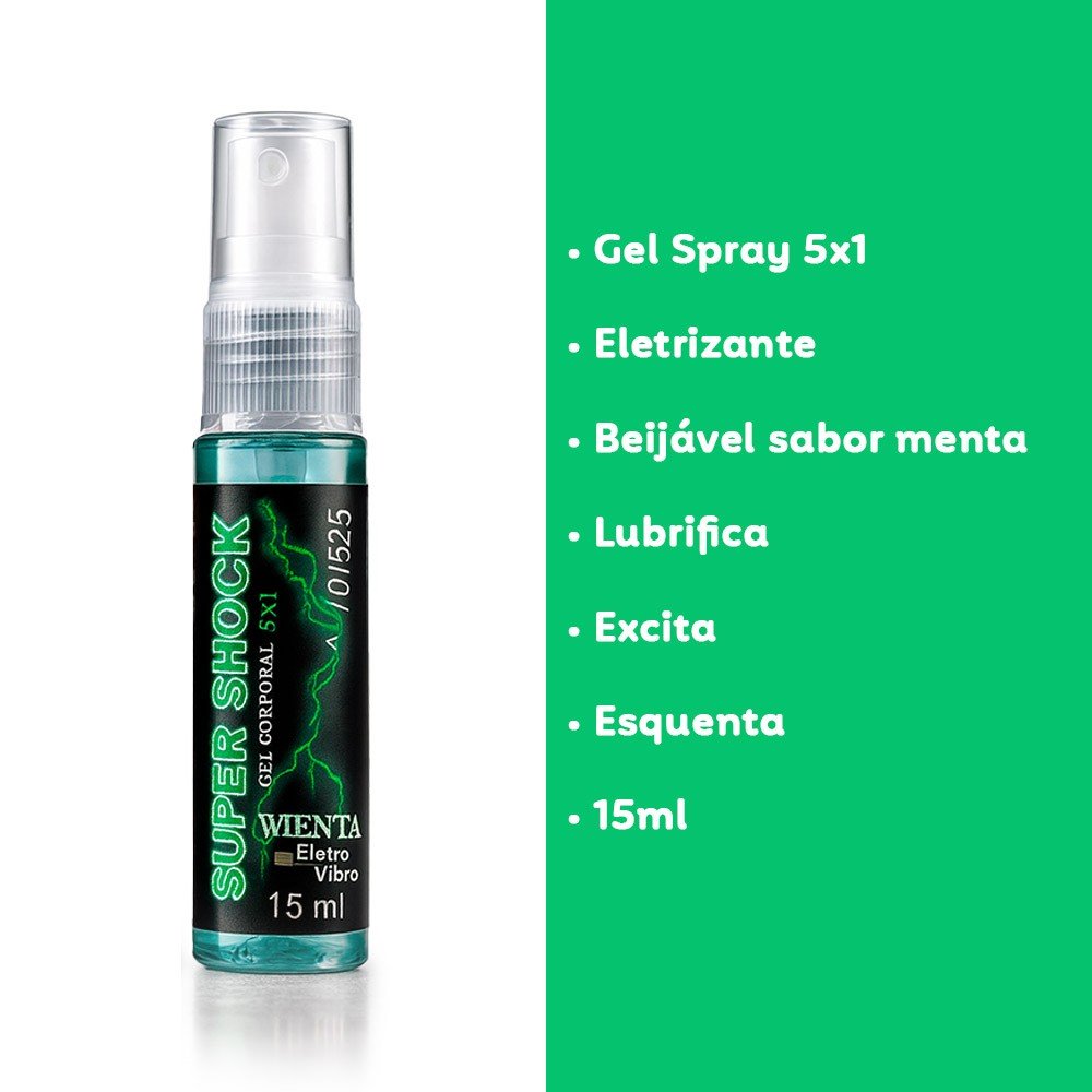 Vibrador L�quido Super Shock Menta 15ml - Frasco e seus principais benef�cios (eletrizante, beij�vel, lubrifica, excita, esquenta)