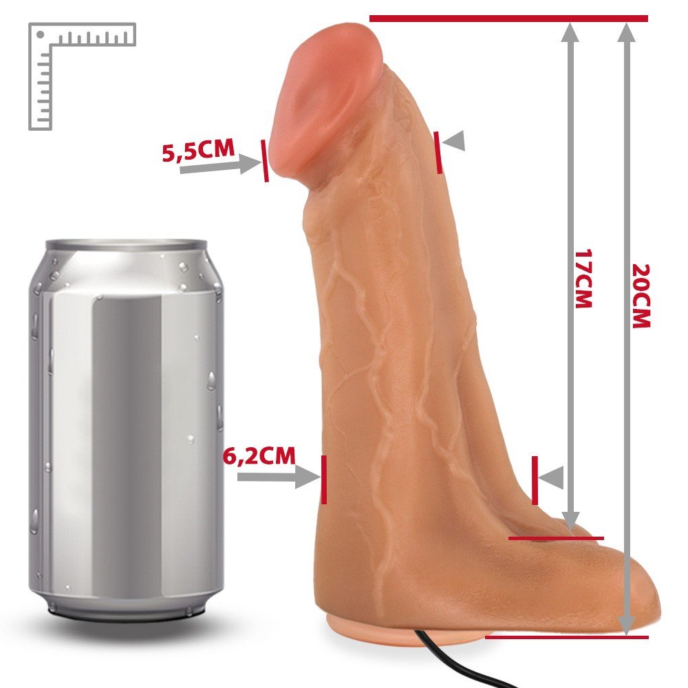 P�nis Real�stico Flex�vel Cedro Bege com Escroto e Ventosa, exibido em um fundo branco, destacando suas dimens�es e detalhes realistas.