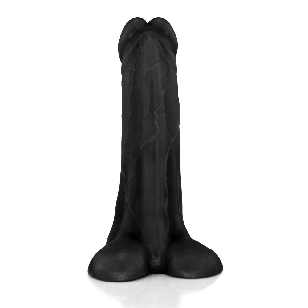 P�nis Real�stico Flex�vel com Escroto Cedro, Preto - Vista frontal completa, mostrando detalhes real�sticos e o escroto na base.