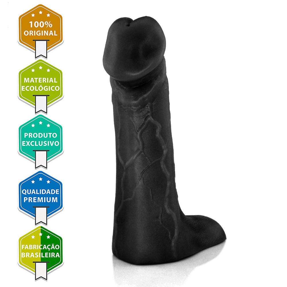 P�nis Real�stico Flex�vel com Escroto Cedro, Preto - Vista lateral detalhada, mostrando a curvatura e veias.