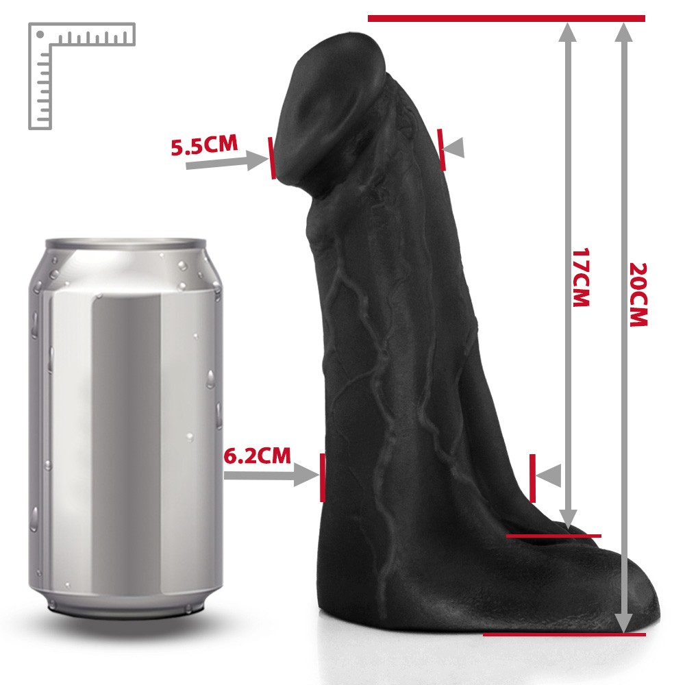P�nis Real�stico Flex�vel com Escroto Cedro, Preto - Foto detalhada do topo, com a glande e textura em destaque.