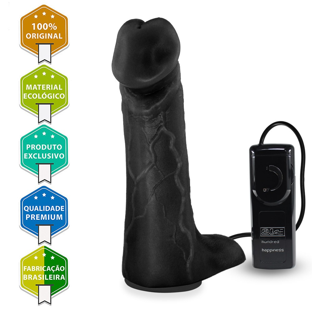 P�nis Real�stico Flex�vel com Escroto, Ventosa e Vibrador Cedro em �ngulo lateral, cor preta