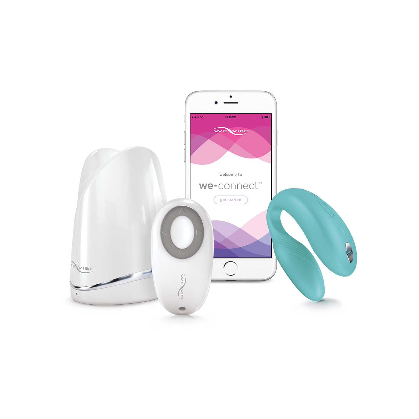 Vibrador We-Vibe Sync Cyan, controle remoto, base de carregamento e smartphone com o aplicativo We-Connect