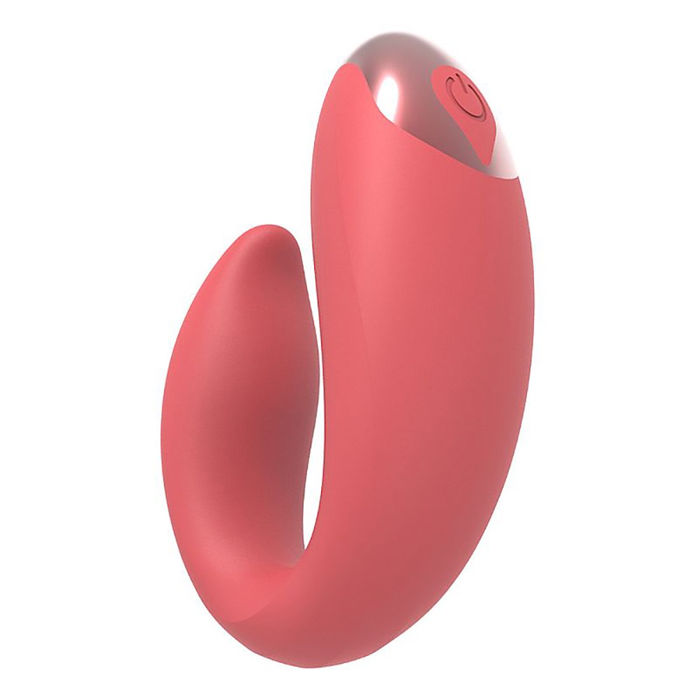 Vibrador para Casal Recarreg�vel em Silicone Vermelho com controle sem fio. Vis�o frontal do vibrador mostrando o corpo em U e o detalhe transl�cido na ponta