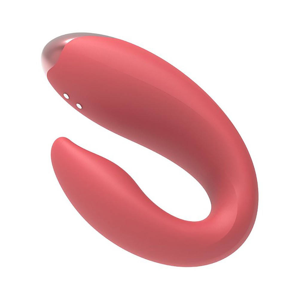 Vibrador para Casal Recarreg�vel em Silicone Vermelho com controle sem fio. Vis�o do vibrador com bot�es de controle e indicador de LED