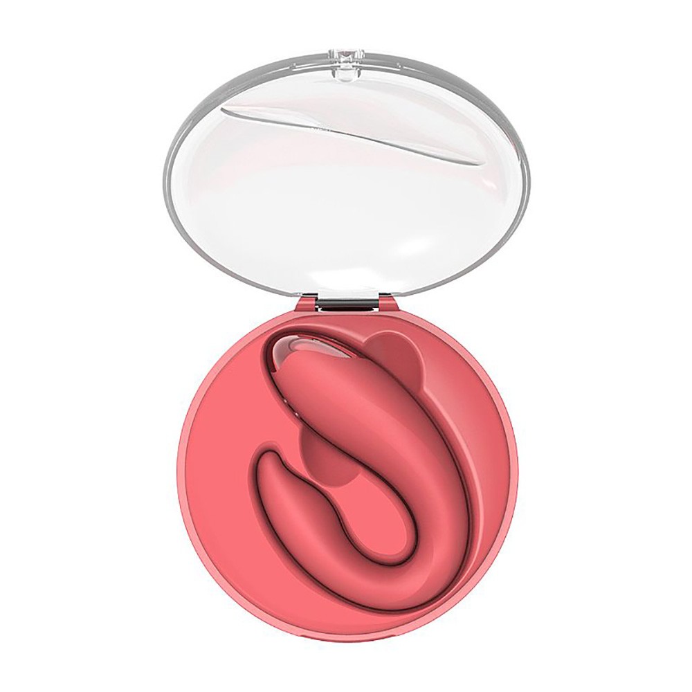 Vibrador para Casal Recarreg�vel em Silicone Vermelho com controle sem fio. Close-up do controle remoto com bot�es de fun��o e ligar/desligar