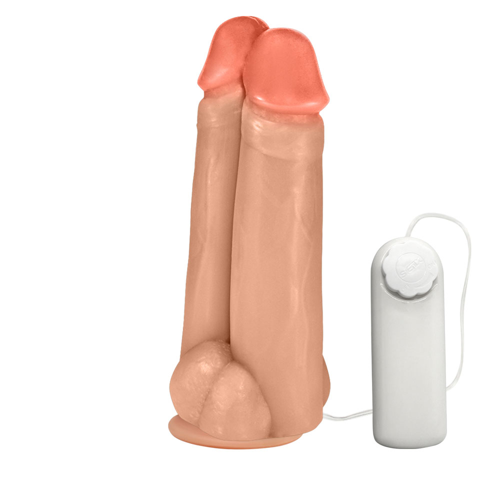 P�nis Real�stico Flex�vel Duplo Amigos com Vibrador e Ventosa 18 x 6cm Bege | Foto 04