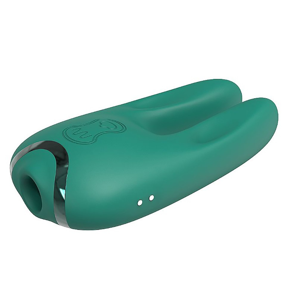 Vibrador para Clit�ris Recarreg�vel em Silicone na cor Verde, em vista lateral, com foco na entrada USB e nos indicadores de carregamento na base.