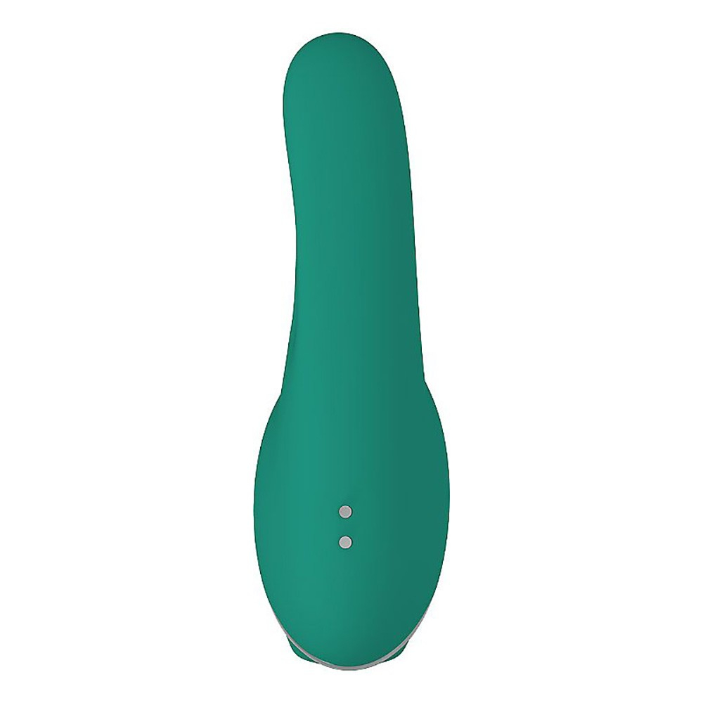 Vibrador para Clit�ris Recarreg�vel em Silicone Verde em vista frontal, destacando a superficie suave e os bot�es de controle na parte superior.