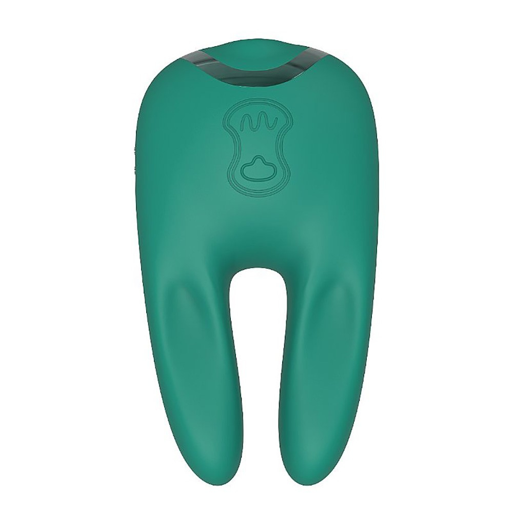 Vibrador para Clit�ris Recarreg�vel em Silicone Verde em �ngulo que mostra a parte superior com o design suave e a interface de controle.