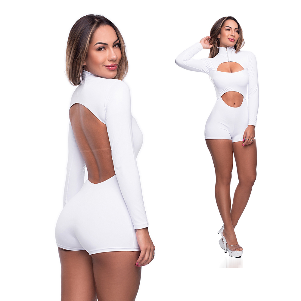 Macaquinho Sensual Sexy Branco, vista traseira com costas nuas e modelagem ajustada