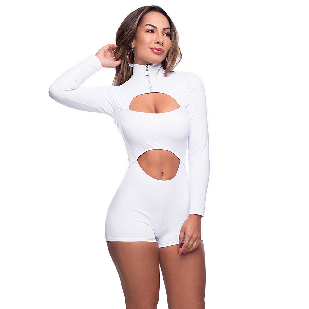 Macaquinho Sensual Sexy Branco, vista frontal com z�per aberto, bojo e recortes em destaque