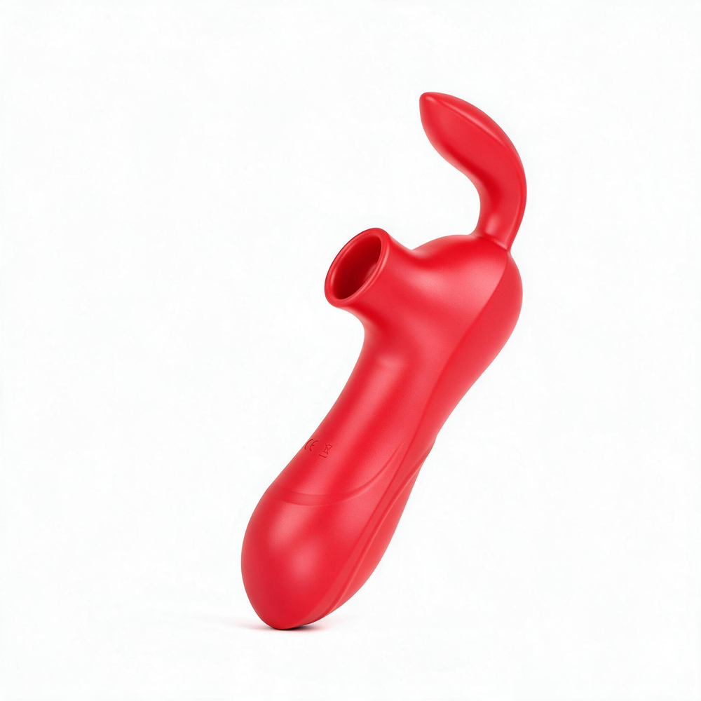 Sugador de Clit�ris Recarreg�vel em Silicone Vermelho em vista lateral frontal, destacando o bocal e o estimulador