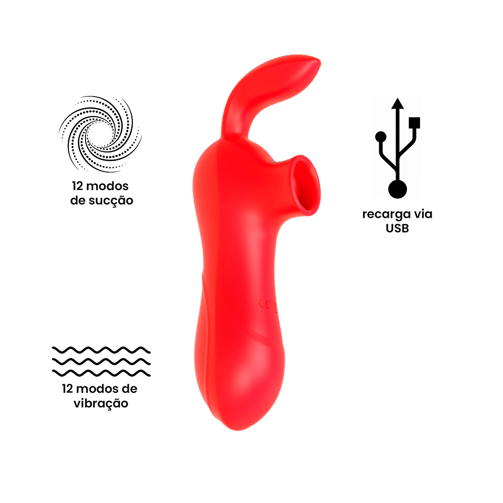 Sugador de Clit�ris Recarreg�vel Vermelho com �cones indicando 12 modos de suc��o, 12 modos de vibra��o e recarga via USB