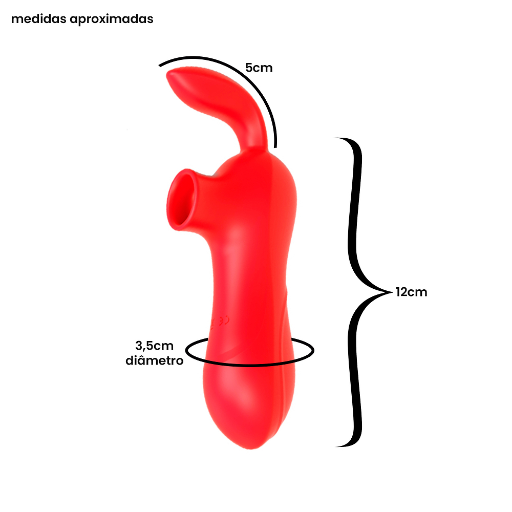Sugador de Clit�ris Recarreg�vel Vermelho com medidas aproximadas de 12cm de comprimento, 3,5cm de di�metro e 5cm na ponta