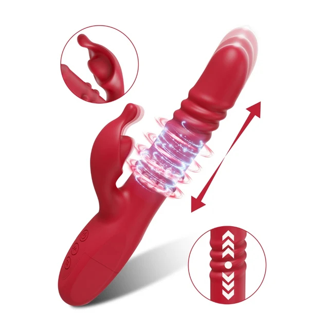 Vibrador duplo recarregavel em silicone vermelho em vista frontal com ilustracao de movimentos rotativos e vai e vem