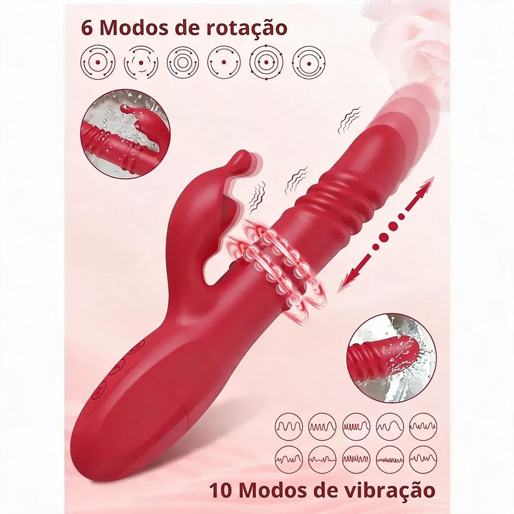 Vibrador duplo vermelho com ilustracoes de 6 modos de rotacao e 10 modos de vibracao