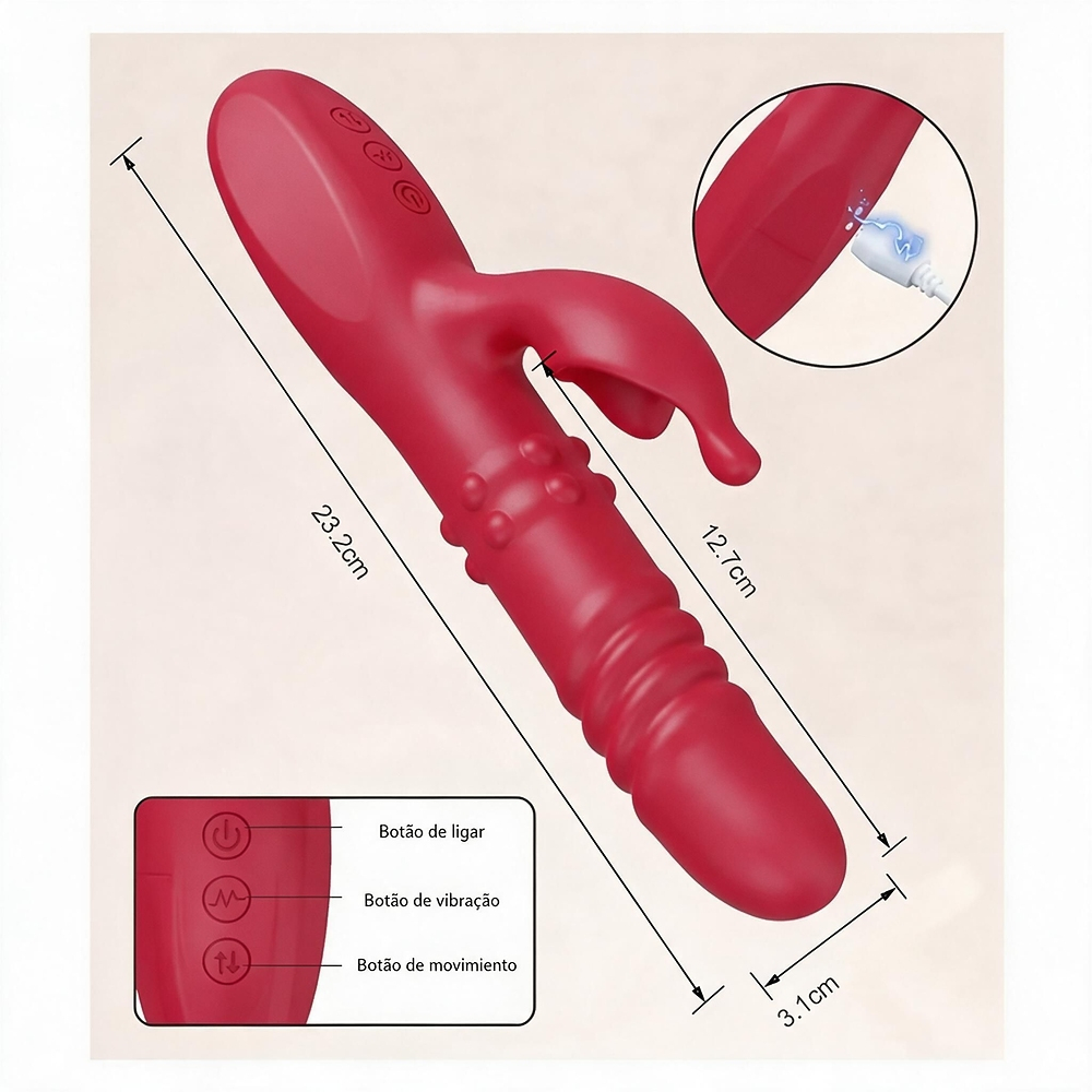 Vibrador duplo vermelho em vista lateral com dimensoes de 23.2cm e 12.7cm, e detalhe dos botoes de controle