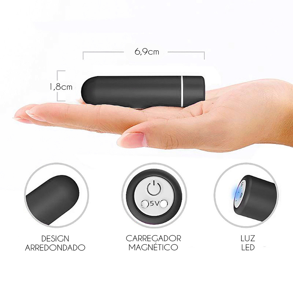 Vibrador Bullet Recarreg�vel nas m�os, mostrando o tamanho compacto, carregador magn�tico e luz LED