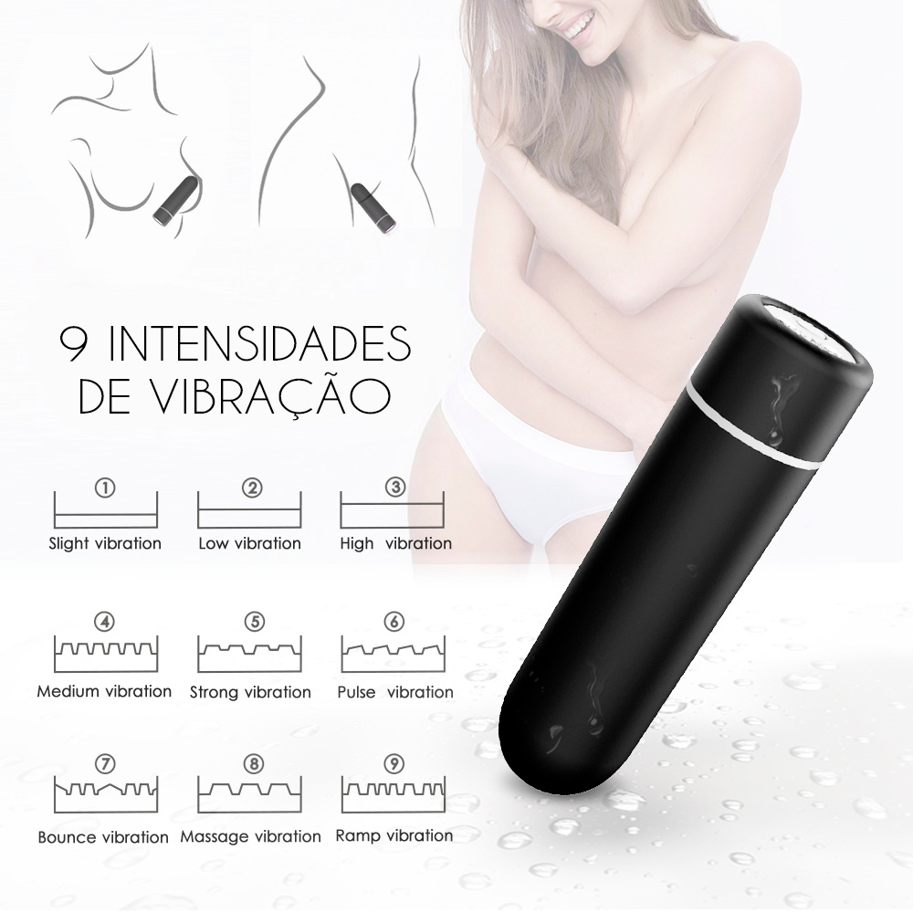 Gr�fico dos 9 modos de vibra��o do Vibrador Bullet Recarreg�vel, ilustrando as diferentes intensidades e padr�es