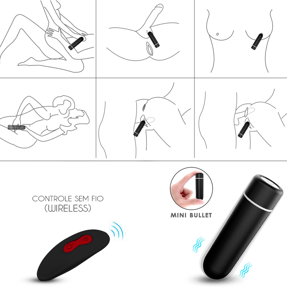 Capa com diversas imagens do Vibrador Bullet Recarreg�vel, destacando seu uso e os principais recursos