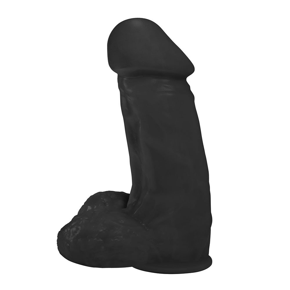 P�nis Real�stico Flex�vel com Escroto e Ventosa Cumaru 19 x 6cm Preto | Vista lateral direita mostrando a curvatura do dildo, veias sutis e a ventosa na base