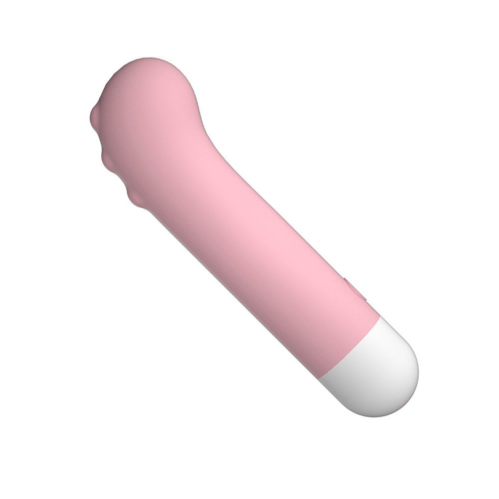 Vibrador Ponto G em Silicone Monster Rosa, vista em �ngulo, mostrando a ponta em formato de bala com texturas
