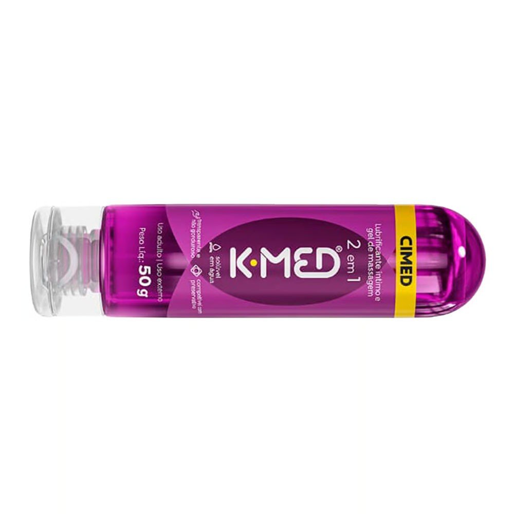 Vista lateral do frasco de K-Med 2 em 1, real�ando os dizeres 'Lubrificante �ntimo e gel de massagem' e a embalagem de 50g.