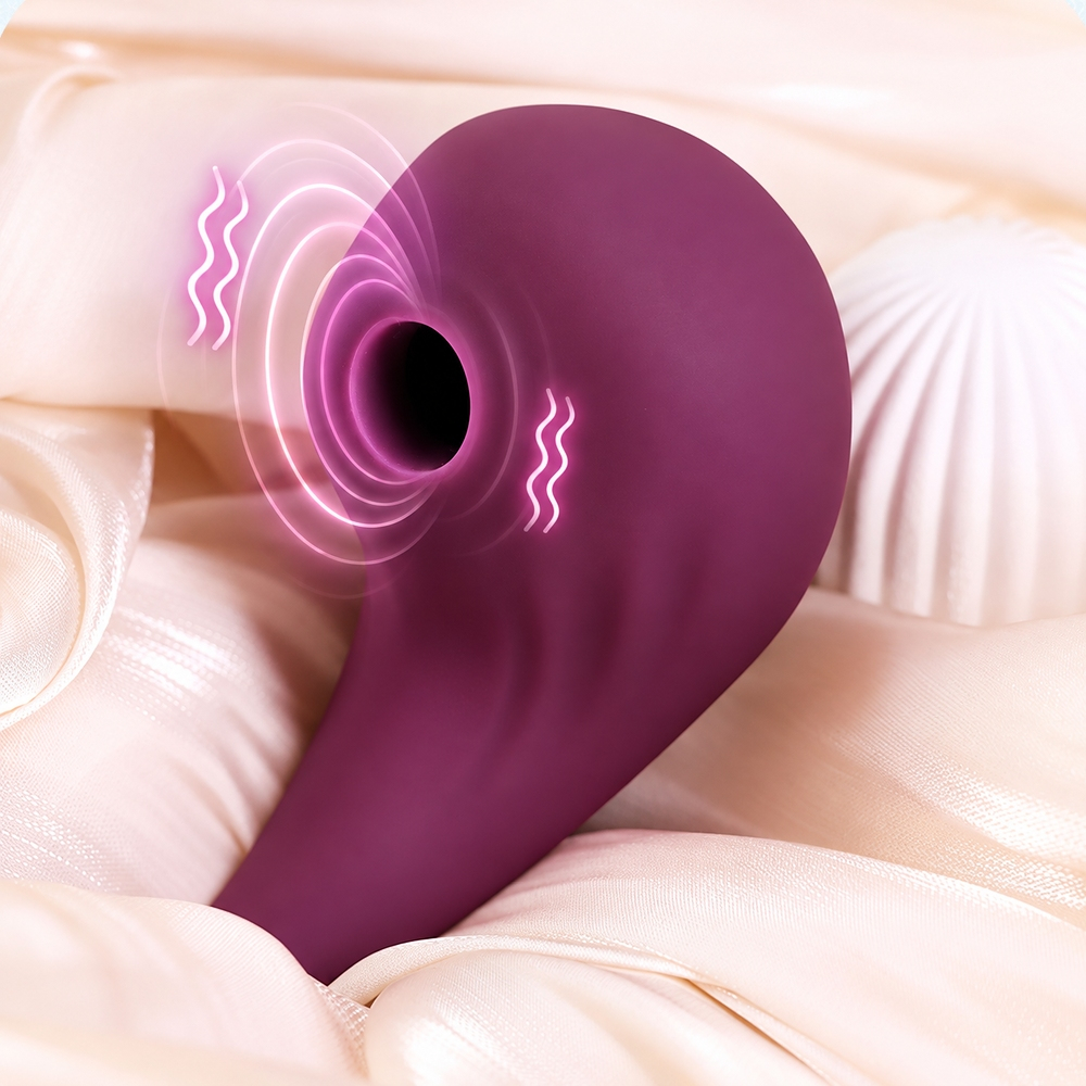 Pulsador de clit�ris roxo com design ergon�mico, mostrando orif�cio de estimula��o e ondas de pulsa��o animadas