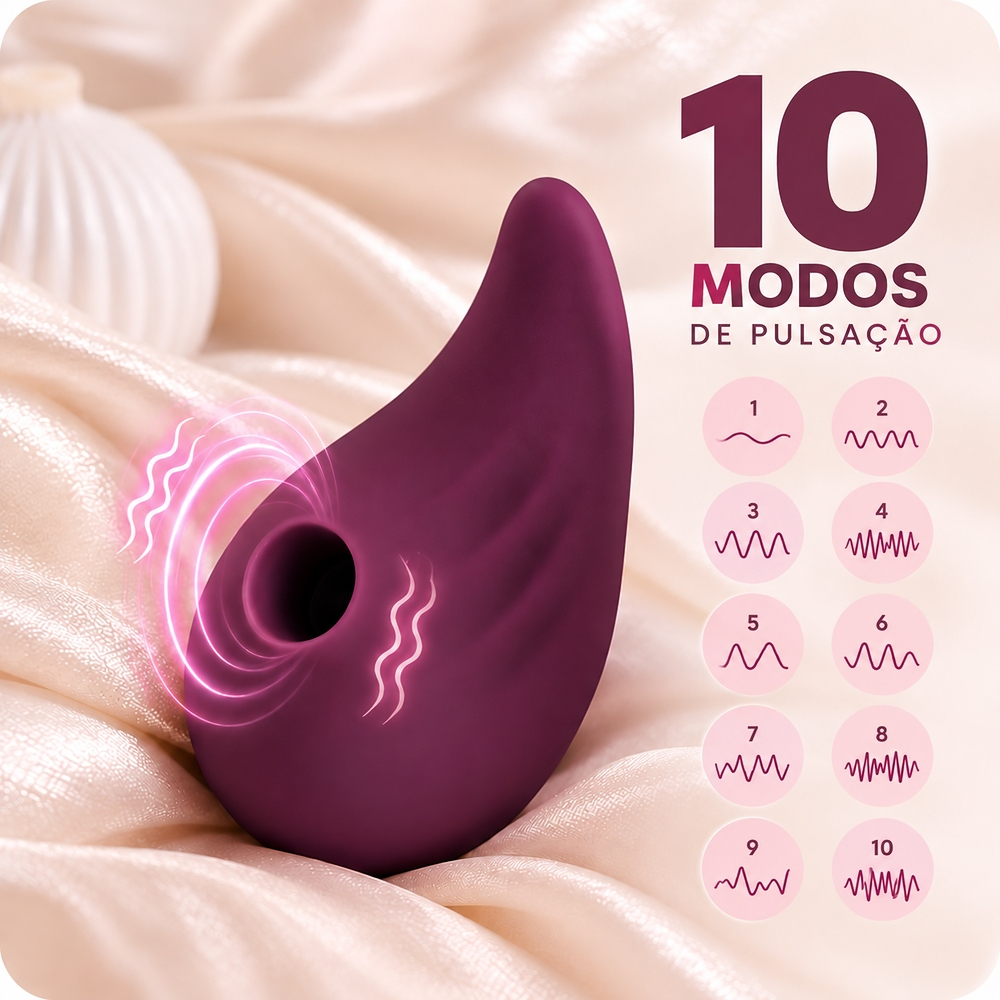 Vista lateral do pulsador roxo com o gr�fico dos 10 modos de pulsa��o ilustrados ao lado do produto